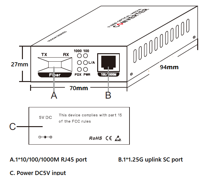 fiber media converter, 2-port single-mode dual fiber media converter 